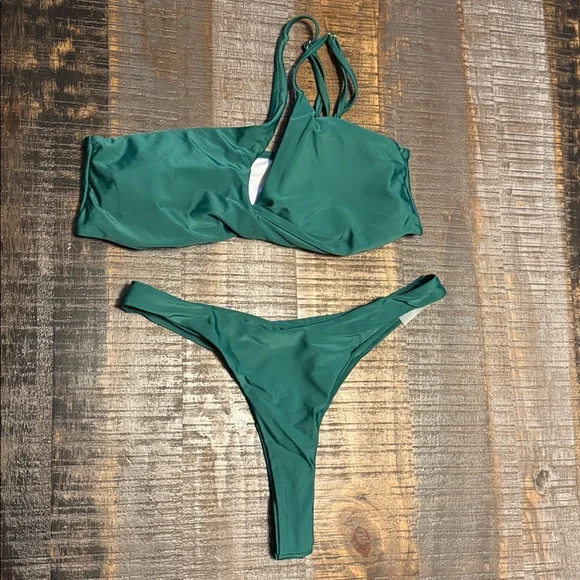 NWOT Sexy Brazilian Thong Bikini Sets High Cut Leg Rise One Shoulder Green Large - Picture 7 of 8